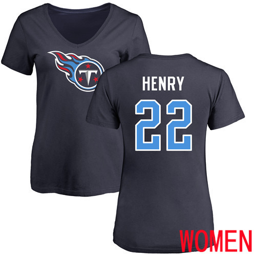 Tennessee Titans Navy Blue Women Derrick Henry Name and Number Logo NFL Football #22 T Shirt